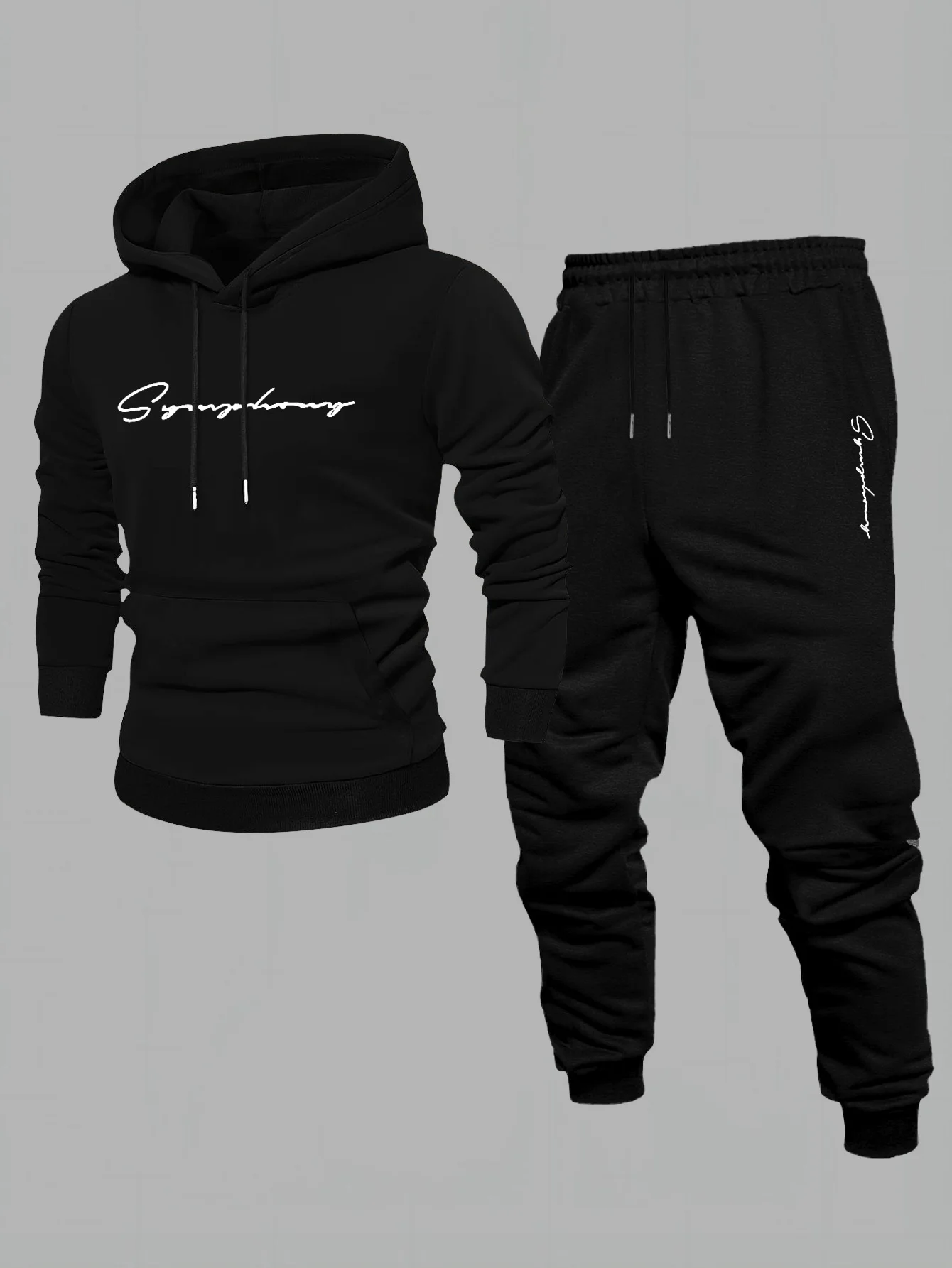 2026 Men 2 Piece Tracksuit Cursive Script Print Hoodie + Jogger Pants Set Casual Loose Streetwear Autumn Winter Sportswear Suit