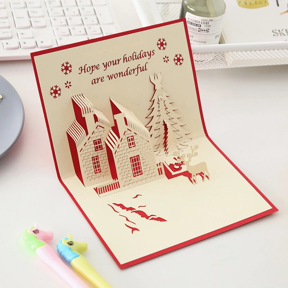 2pcs 3D Christmas Greeting Cards Creative Festival Blessing Cards Xmas Gift Card Paper Material For Kids Parents Friends