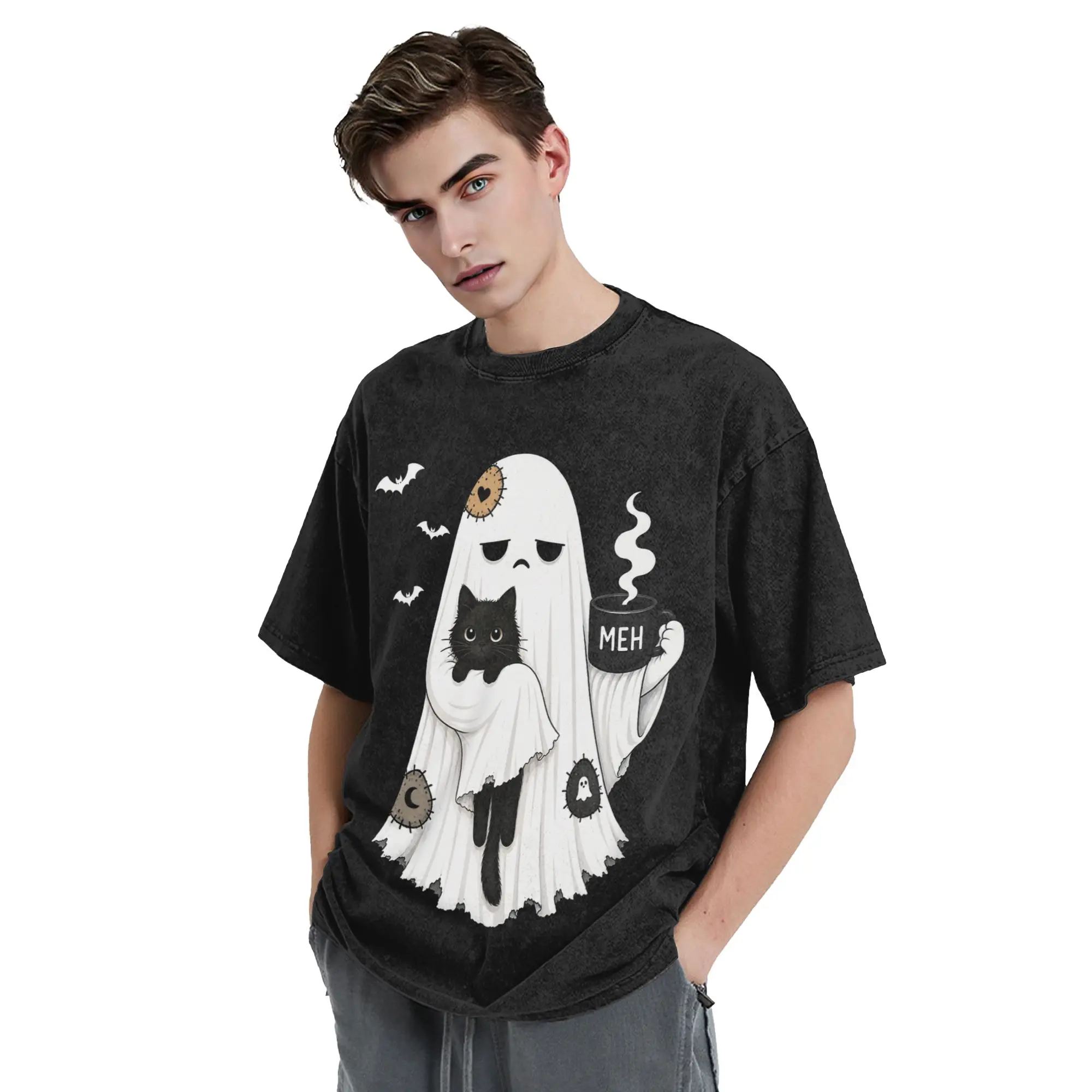 Spooky Ghost Holding Black Cat Coffee Lover Washed T Shirts Retro T-Shirt Halloween Tees Men Women 100% Cotton Oversize Summer