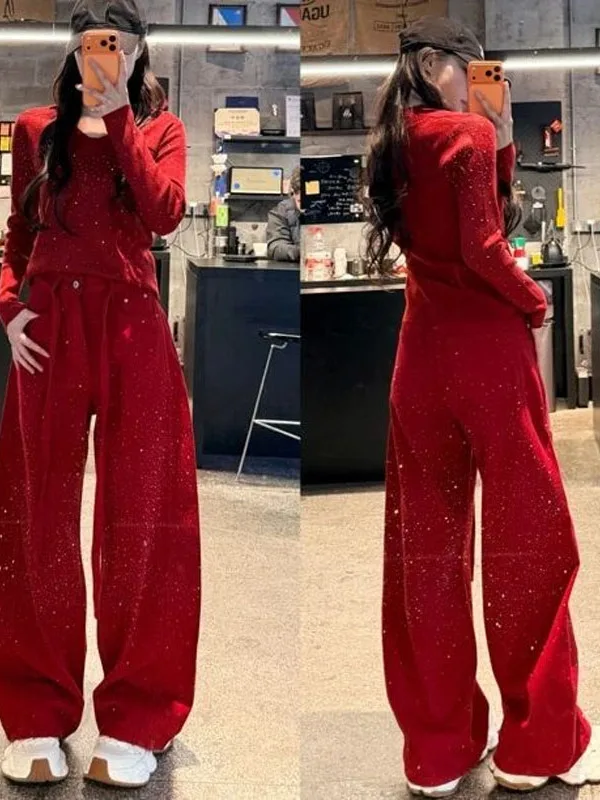 

Spring 2026 Luy Red Diamond Flaing Wide Leg Knife Jeans for Pear aped Body High Waist Commute Sle Denim Pants