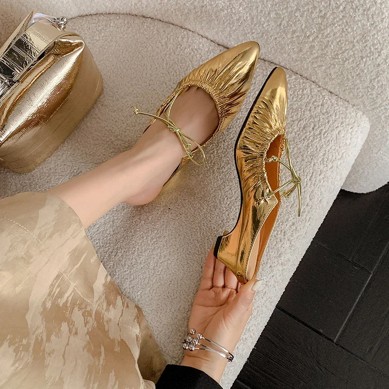 

Genuine Leather Vintage Pleated High-Heeled Mules Slip-On Summer Sandals Women's Outdoor Wear Knot Thick Heel