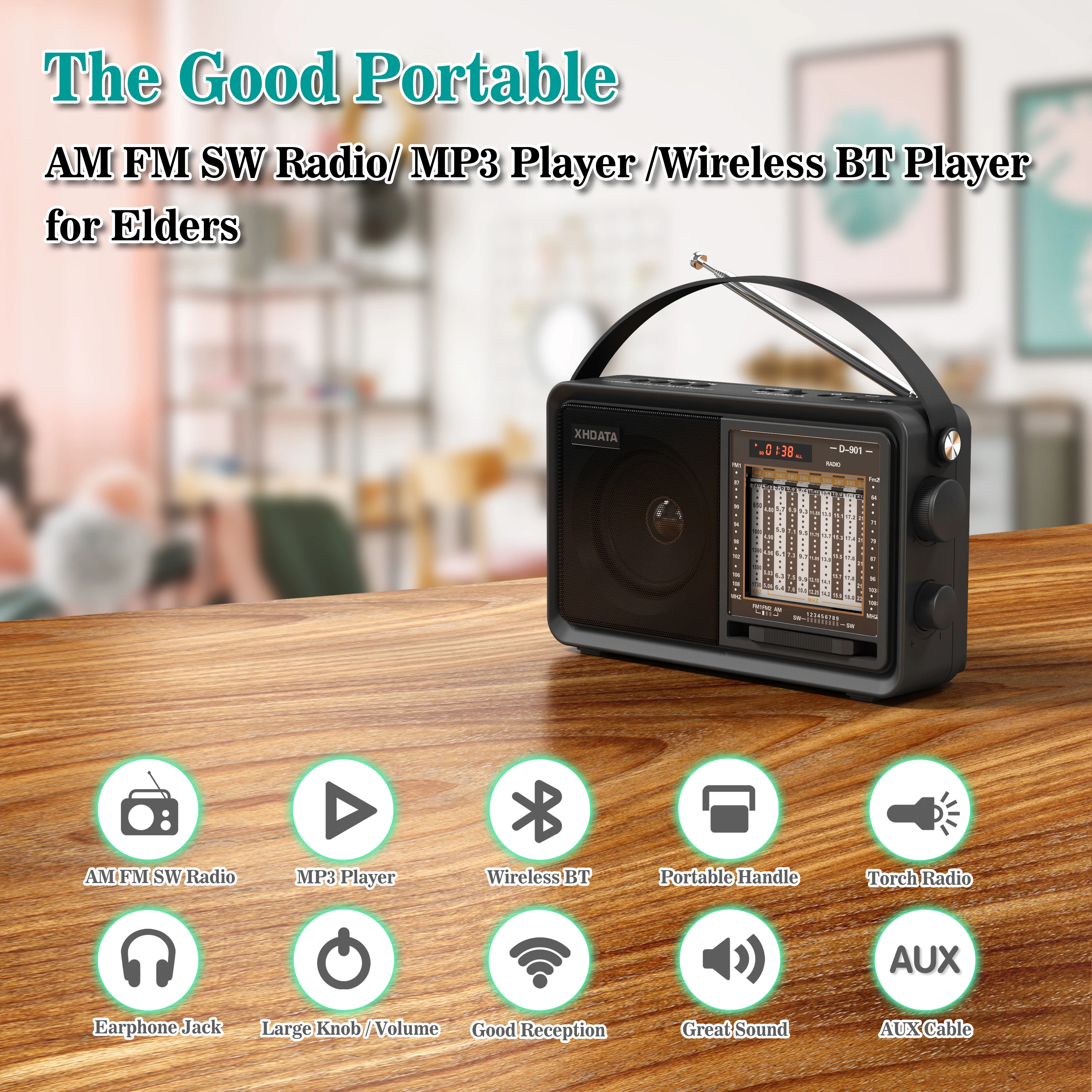 XHDATA D-901 AM FM SW Portable Radio Bluetooth-compatible Radio Receiver With Speaker Support TF Card MP3 Music Player