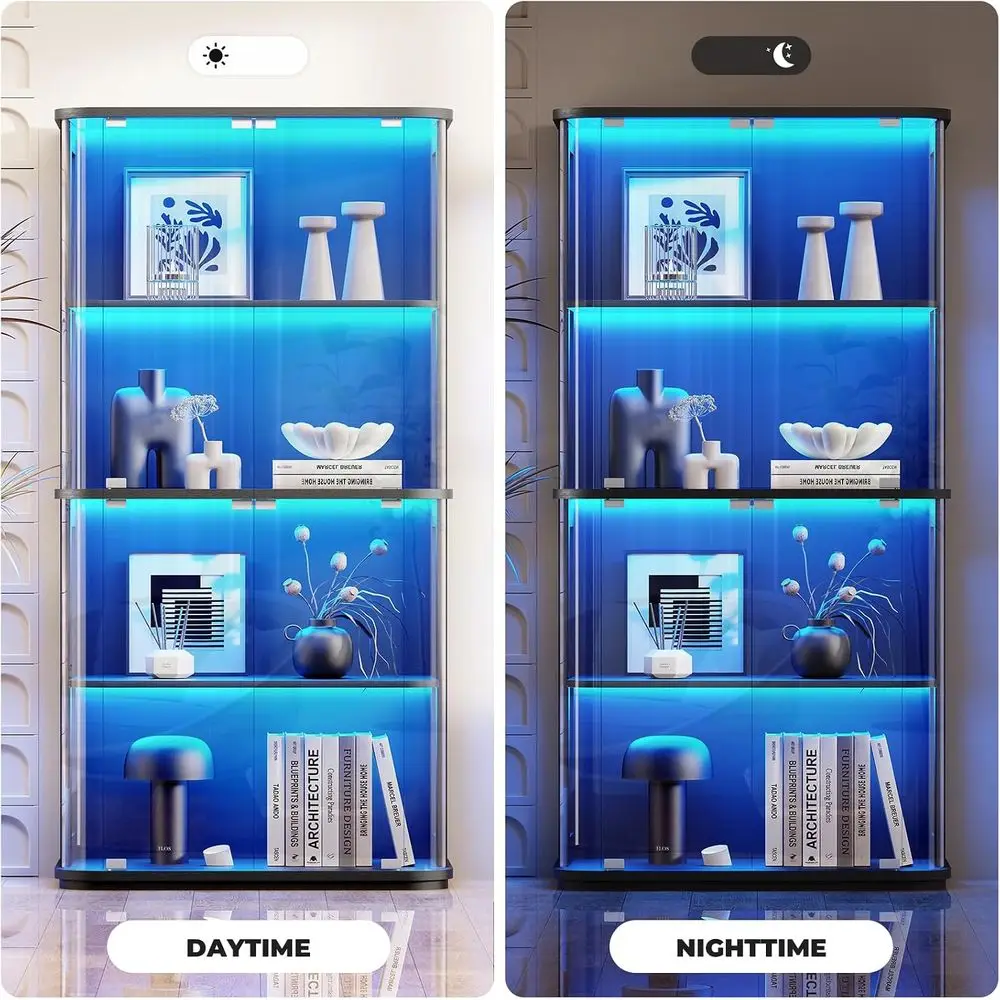 Rounded Display Cabinet with Glass Door, 4-Tier Curio Cabinet with Transparent ull-Display Surace or Collectibles, Glass Display view 6
