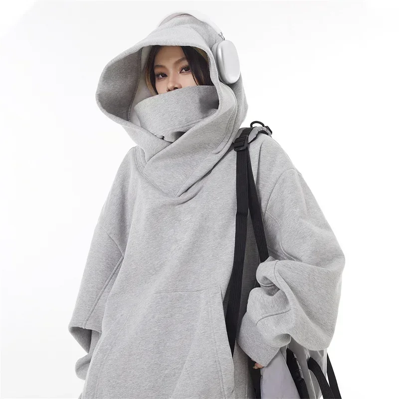 Men Solid Color Ninja Hoodie, Vintage Fleece Lined Sweatshirt, Japanese Hip Hop Streetwear Oversized Big Size Hooded