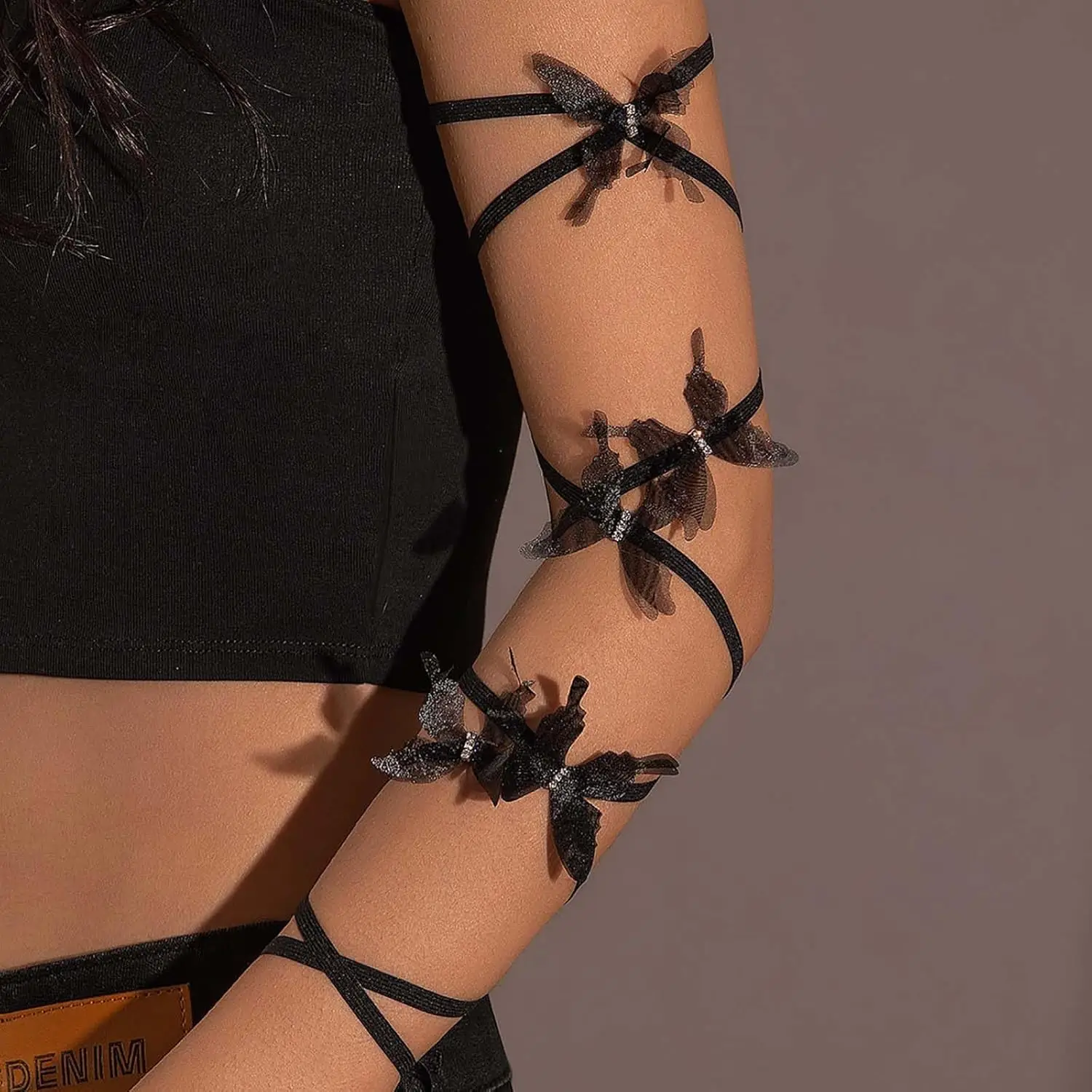 

Butterfly Tassel Chain Arm Cuff Ribbon Arm Wraps Elastic Upper Arm Cuff Cz 3D Butterfly Black Lace Arm Sleeves Sexy