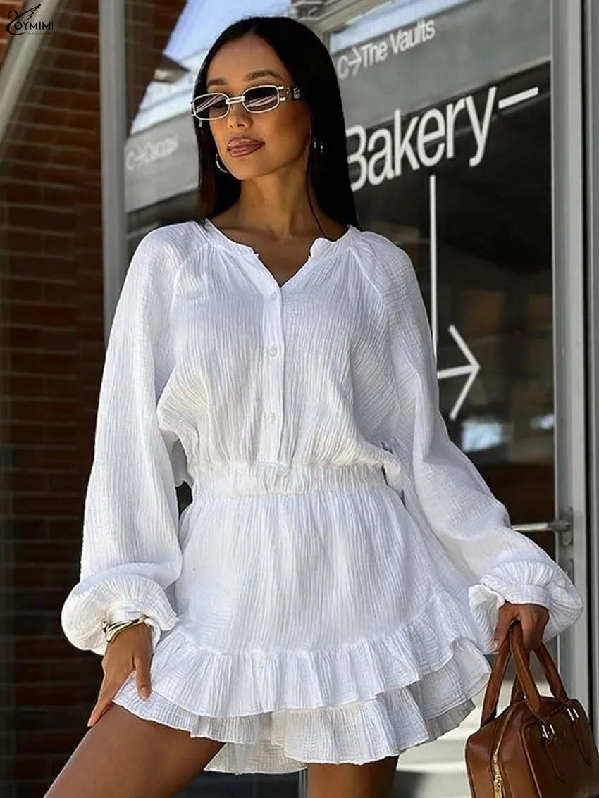 

Oymimi Fashion White Cotton Women's Dress Casual O-Neck Long Sleeve Button Dresses Elegant High Waisted Pleated Mini Dresses