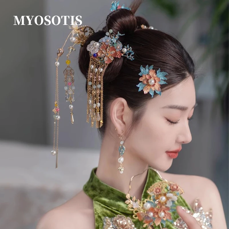 

New Chinese Ancient Style Cloisonne Double Happiness Mini Fan Peony Blossoming Blue Wedding Hanfu Hair Accessories