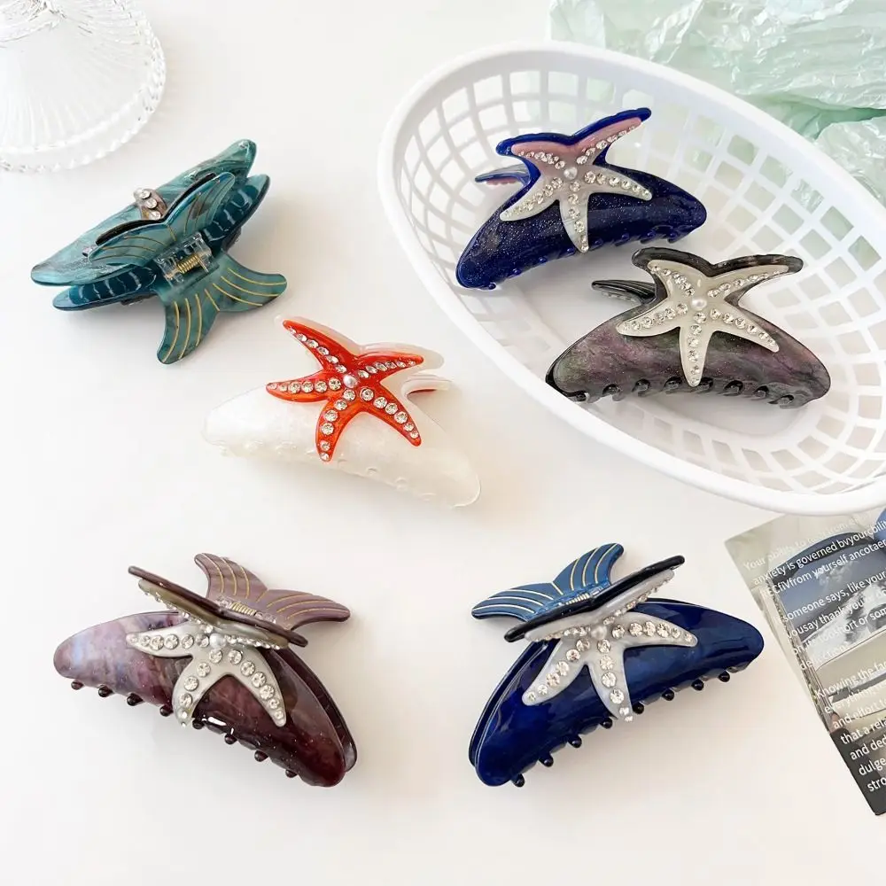 Fashion Starfish Ocean Shell Hair Grab Pearl Shark Clip Rhinestone Hair Claw Geometry Hair Clip Acrylic Shark Clip Female