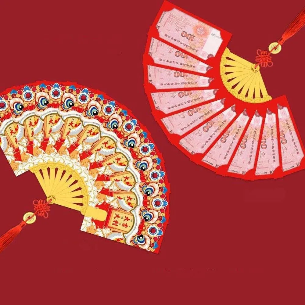 

Traditional Fan Design Red Envelope with Chinese Knot Tassel Children's Money Bag Bonus Thickened God of Wealth Red Pocket Gift