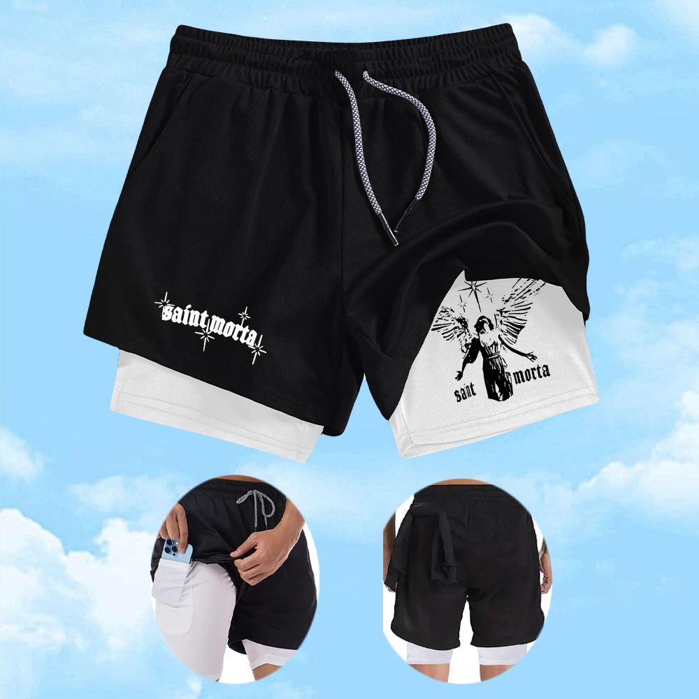 Men's Quick Drying Double Layer Sports Shorts Stylish Angel Print Breathable Basketball Training Pants For Fitness And Running