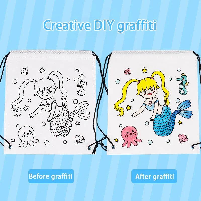 Children\'s Graffiti Backpack Bag DIY Coloring Painting Toys for Kids Cute Animal Mermaid Non-Woven Drawstring Bag Drawing Crafts