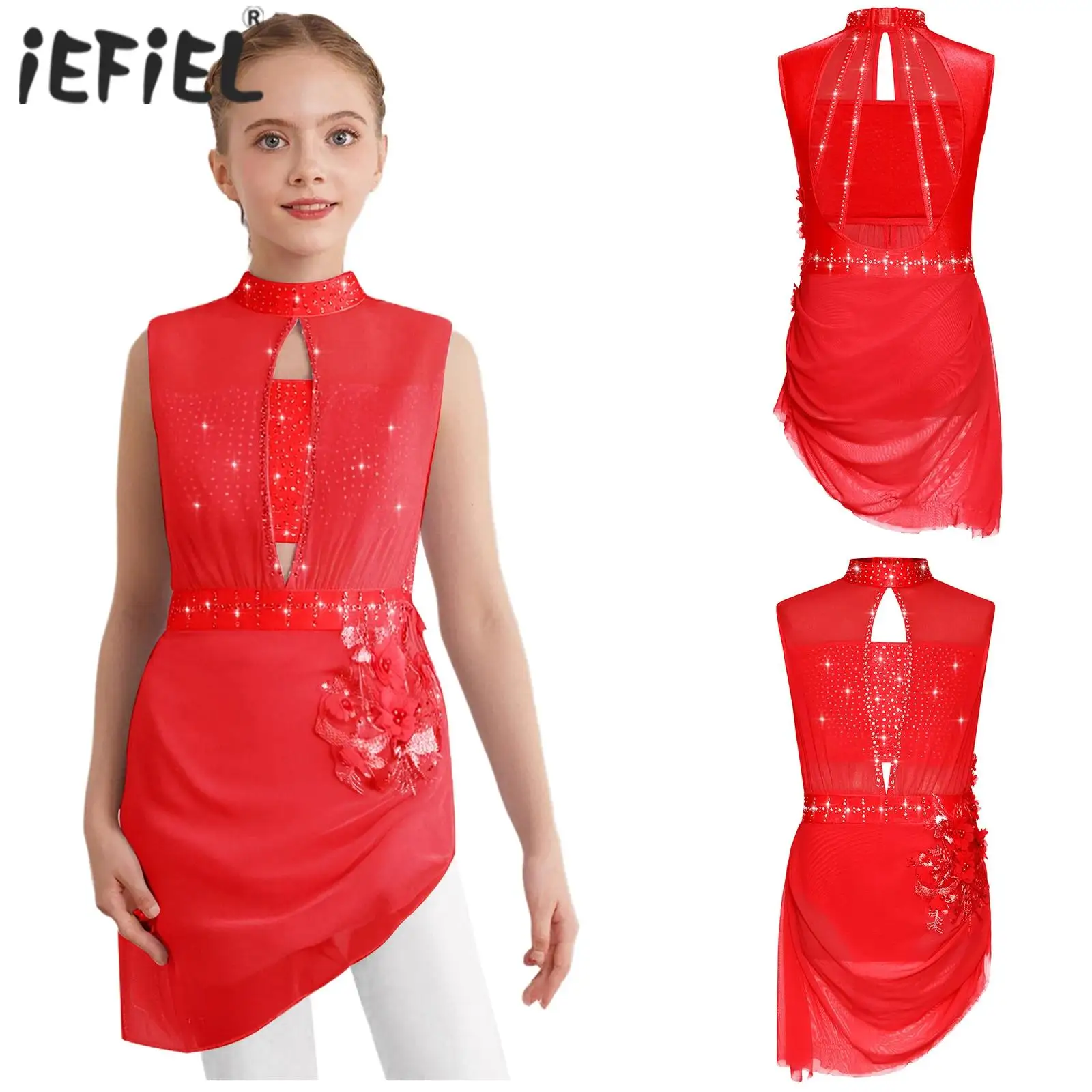 Sukienka do łyżwiarstwa figurowego dla dziewczynek, kostium liryczny, bez rękawów, z odkrytymi plecami, wycięciami, przezroczystą siateczką, aplikacjami z dżetów.