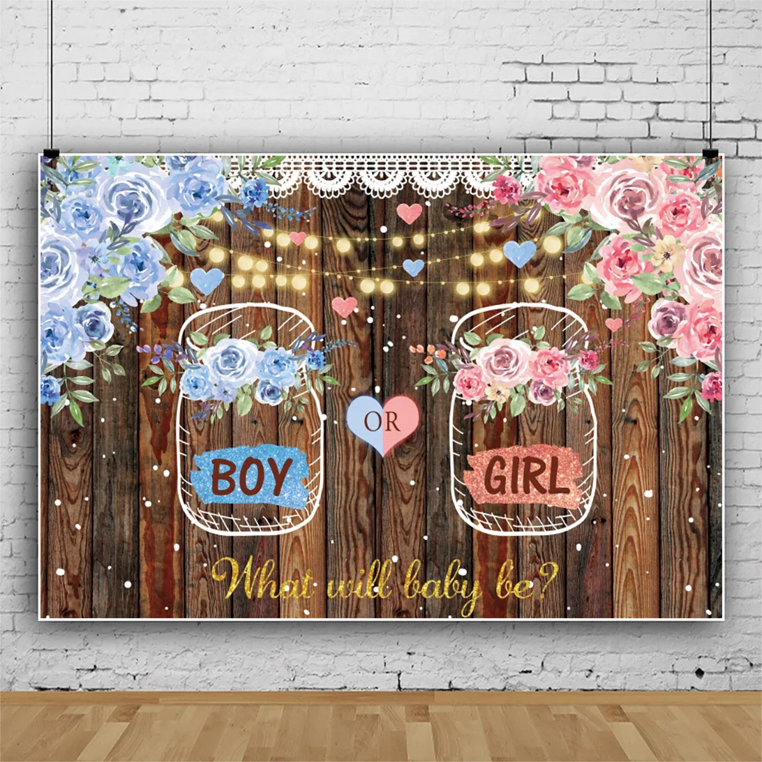 

Boy or Girl Party Backdrop for Gender Reveal Blue Pink Wood Photography Background Props Banner Supplies Decorations