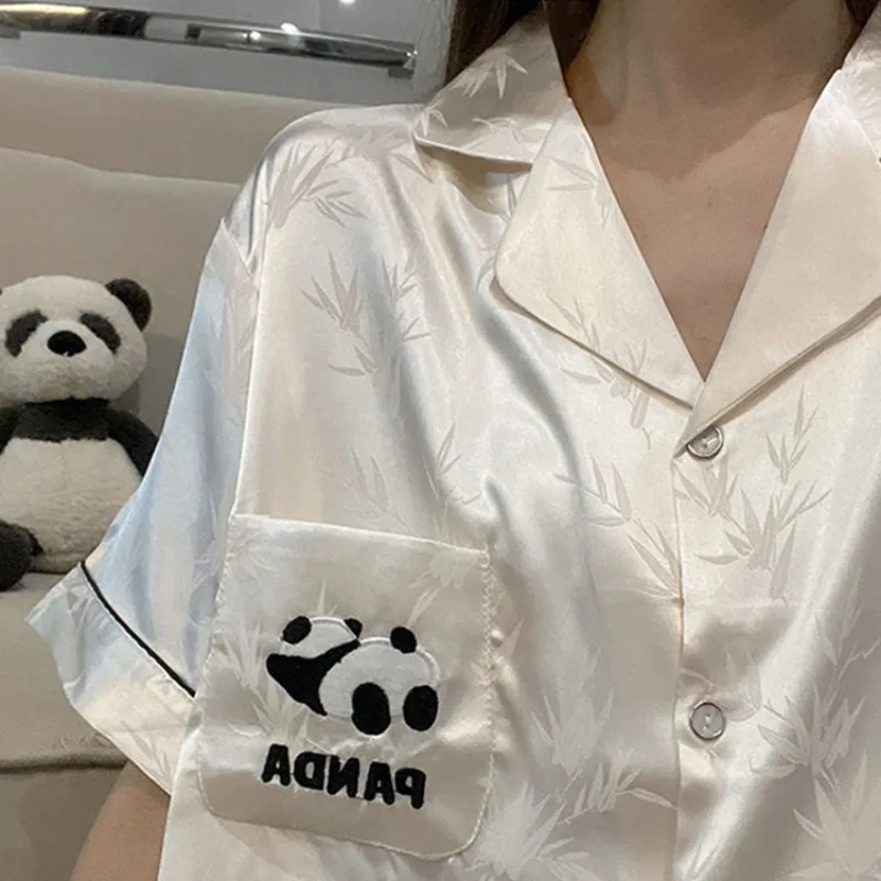 Dames Zomer Dunne Ijzen Pyjama Set Schattige Panda Cardigan Korte Broek Loungewear Pak Nieuwe Baggy Coole Outside Nachtkleding