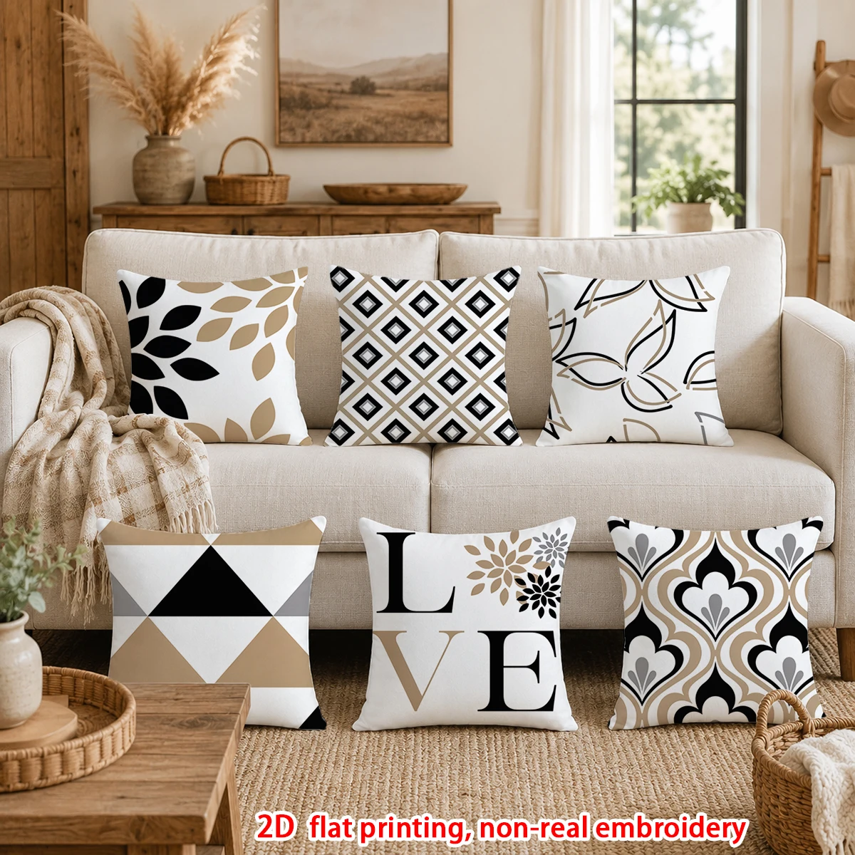 1pc  Set of 6 Modern Geometric Love Throw Pillow Covers, Neutral Tone Black Beige White Decorative Cushion Cases for Sofa