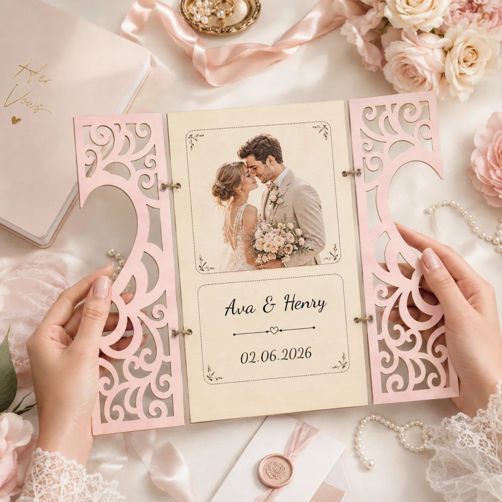 Personalized Hollow Wooden Wedding Invitation Custom Names Date Photo Engraved Wood Wedding Invites Rustic Wedding Ceremony Card