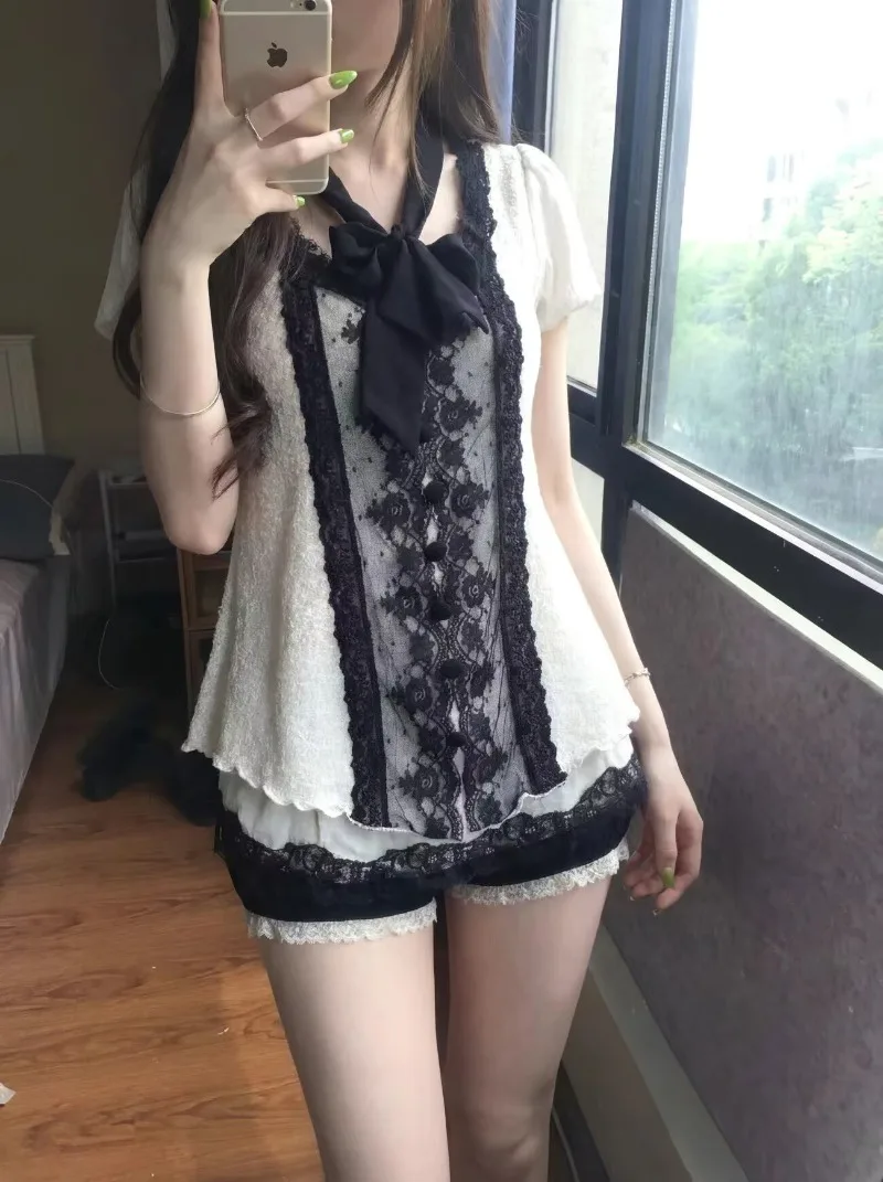 Japanese Style Summer Aesthetic Sweet 2 Piece Sets Women Black White Contrast Lace T-shirt Bow Y2K Top Lace Shorts Kawaii Outfit view 6