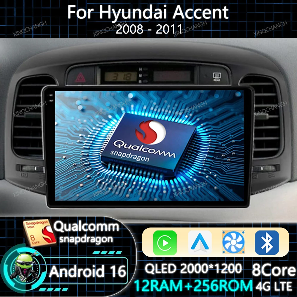 Android 16 Car Radio For Hyundai Accent 2008 2009 2010 2011 Multimedia Stereo Video Player Head Unit 2DIN GPS Carplay Auto QLED