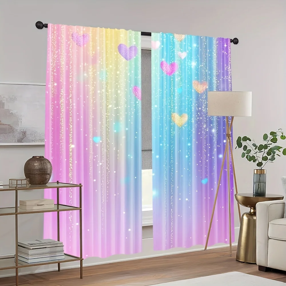 Magical Rainbow Heart Curtains for Living Room Bedroom, Sparkly Glitter Ombre Window Drapes, Cute Girls Room Decor