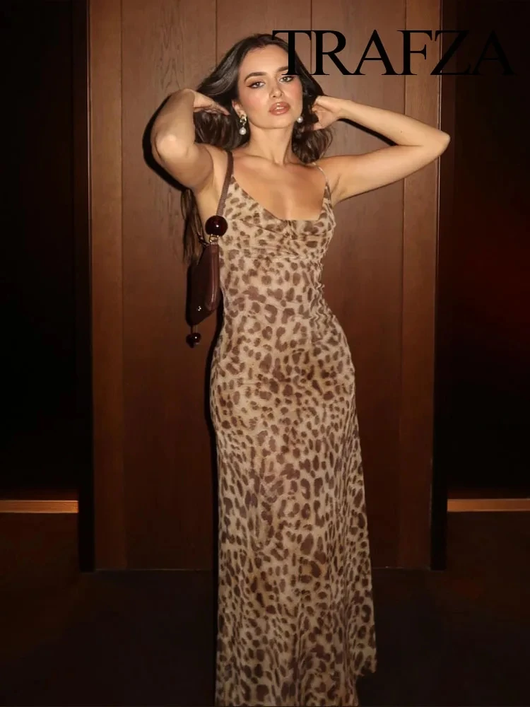 TRAFZA Frauen Mode Leopard Print Ärmelloses Backless Hosenträger Kleid Sommer Weibliche Vintage Dünne Beiläufige Strand Party Langes Kleid