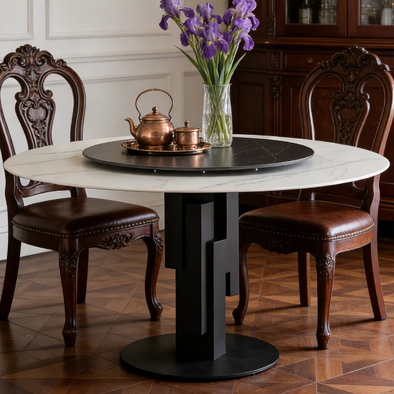 km-Italian Sintered Stone Round Dining Table Modern Minimalist with Lazy Susan Home Light Luxury Dining Table%