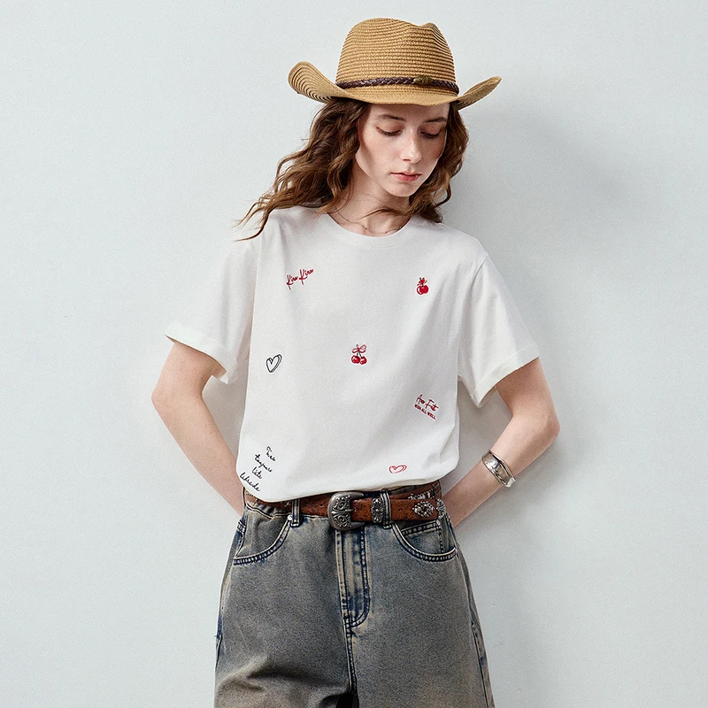 TOYOUTH Women T-shirt 2026 Summer New 100% Cotton Off-white Sweet Cool Style Heart Letter Cherry Embroidery Tops