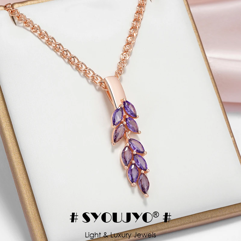 SYOUJYO Drop Purple Natural Zircon Leaf-Shaped Necklace For Women 585 Rose Gold Color Fashion Luxury Party Jewelry
