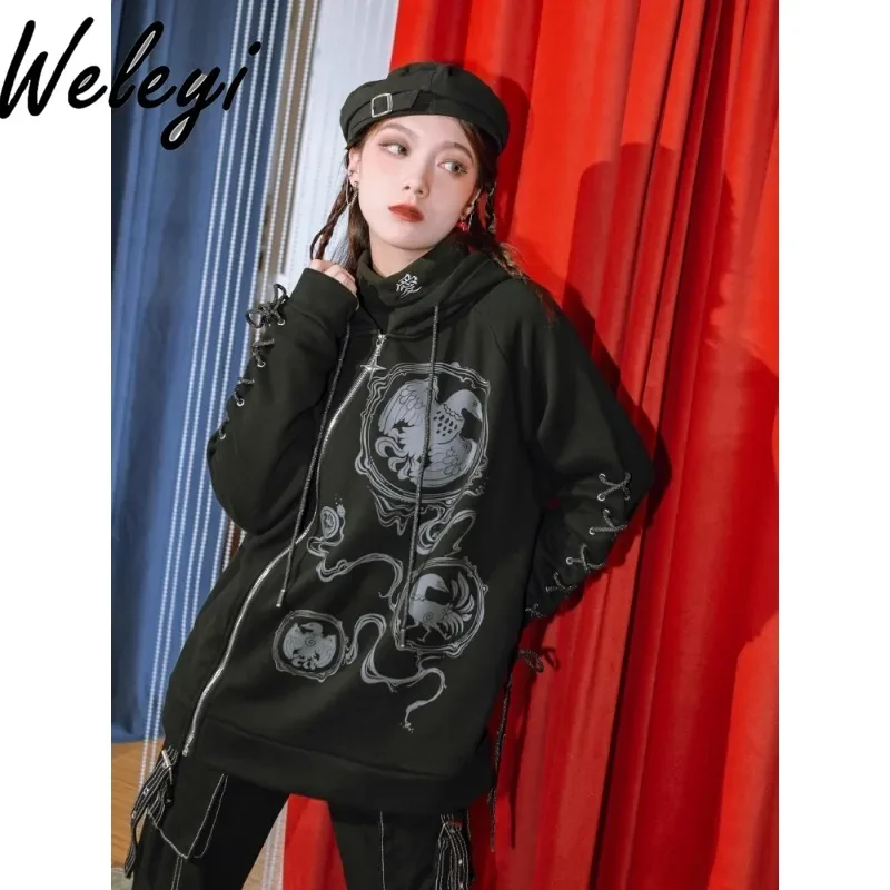 

Trendy Slanted Zipper Black Mid-lengtth Sweatshirt 2024 Fall and Winter Casual Women's Hooded Velvet Long Sleeve Hoodie Tops