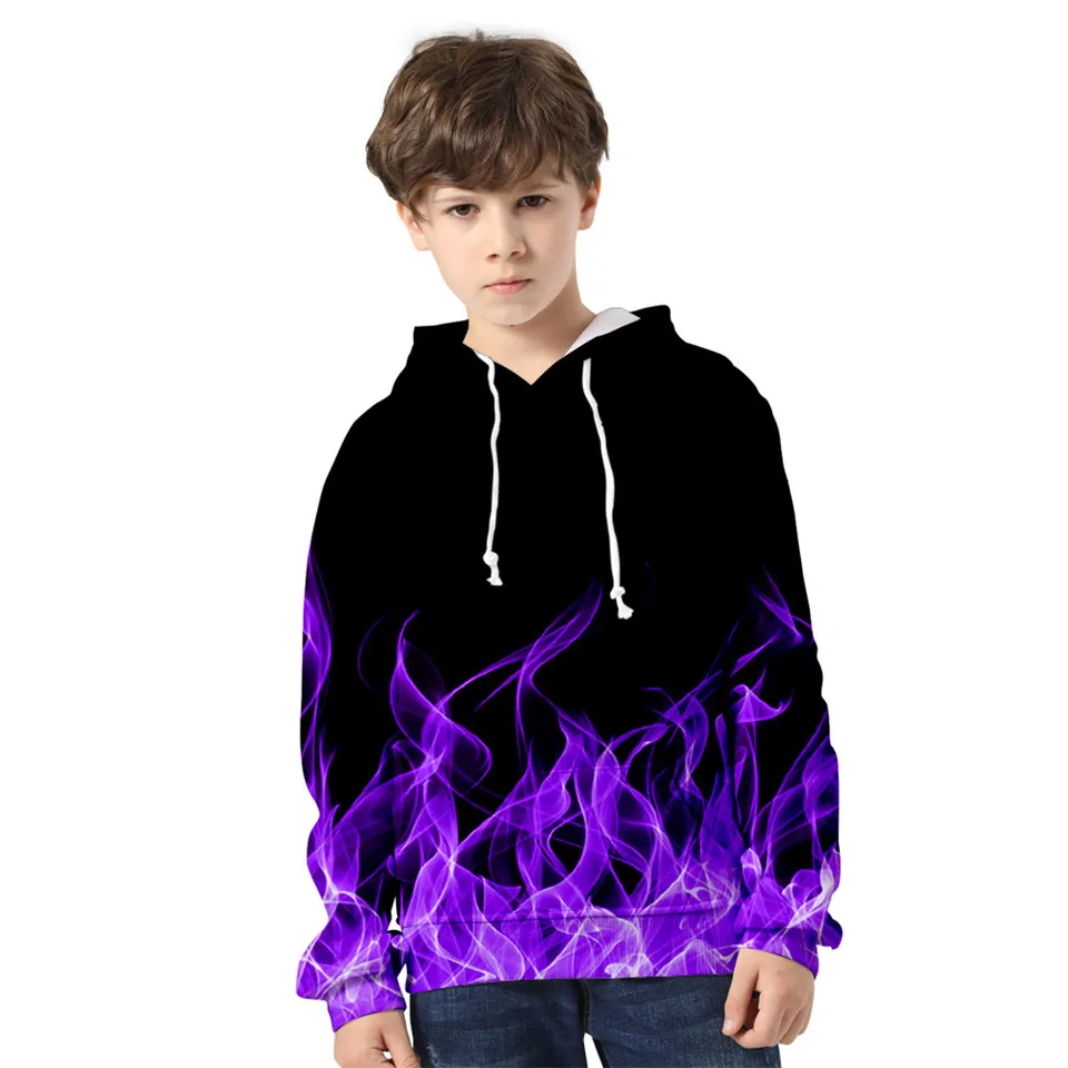 3 to 14 years Kids Hoodie Blue And Purple 3D Fire Flame Clothing Boys Girls Hoodies Sweatshirt Harajuku Coat