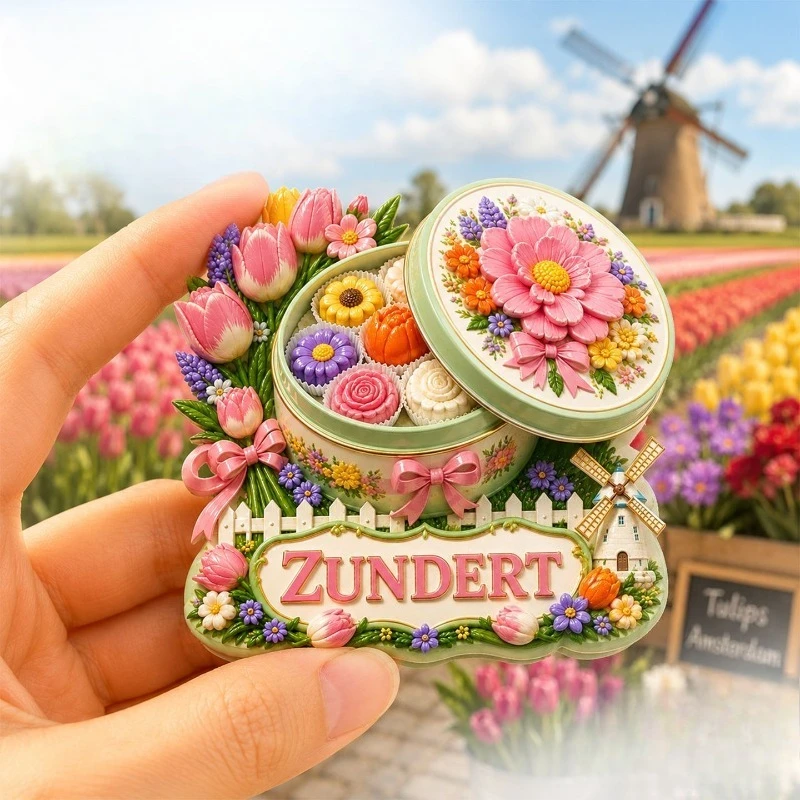 Zundert Tulip Box Fridge Magnet - Colorful 3D Dutch Country Souvenir Unique European Gift for Travel & Spring Decor