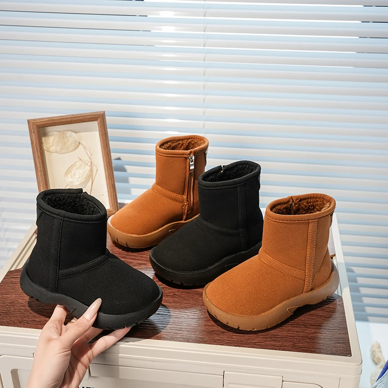 

Children Ankle Boots Suede Warm Soild Color Kids Snow Boots Fashion Versatile 2025 Winter Boys Girls Short Boots with Side Zip