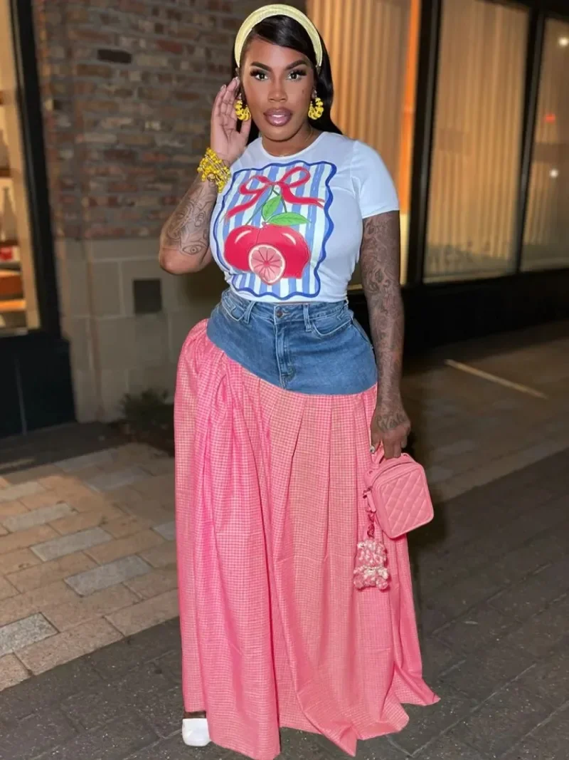 

Women Sets Two Piece Set O-Neck Short Sleeve Top And Elegant Pleated Long Skirt High Streetwear Casual Beach Suit 2025 Summer