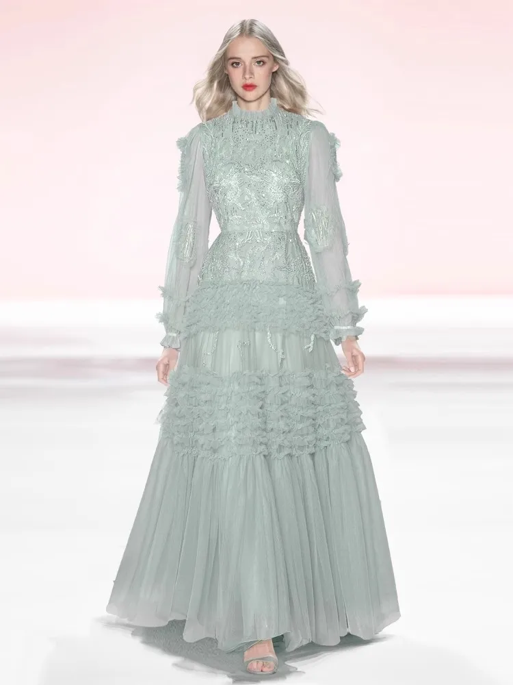 DSXDFACAIRIJ-vestido Vintage de malla con bordado de cuentas y lentejuelas para mujer, vestido de baile con detalle de volantes y manga acampanada con cuello redondo, ropa femenina