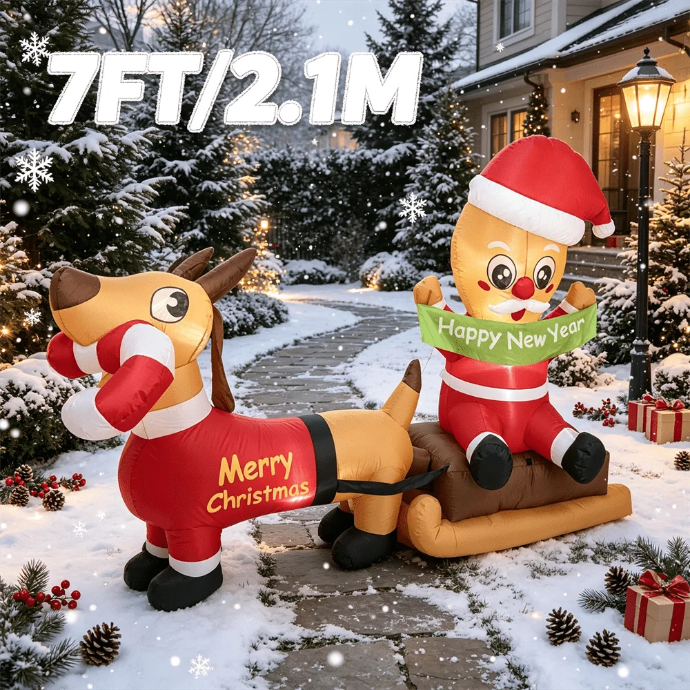 7FT/2.1M Inflatable Model Toy Dachshund Pulling Santa Sleigh Merry Christmas Happy New Year with LED Light Yard Decor
