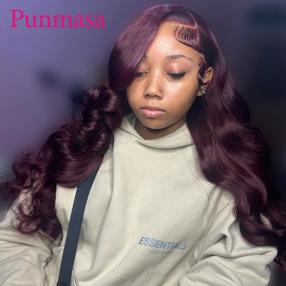 Punmasa Dark Burgundy Purple Color Body Wave 13x6 Lace Front Glueless Human Hair Wig 13x4 Wear To Go Transparent Lace Wigs 200%