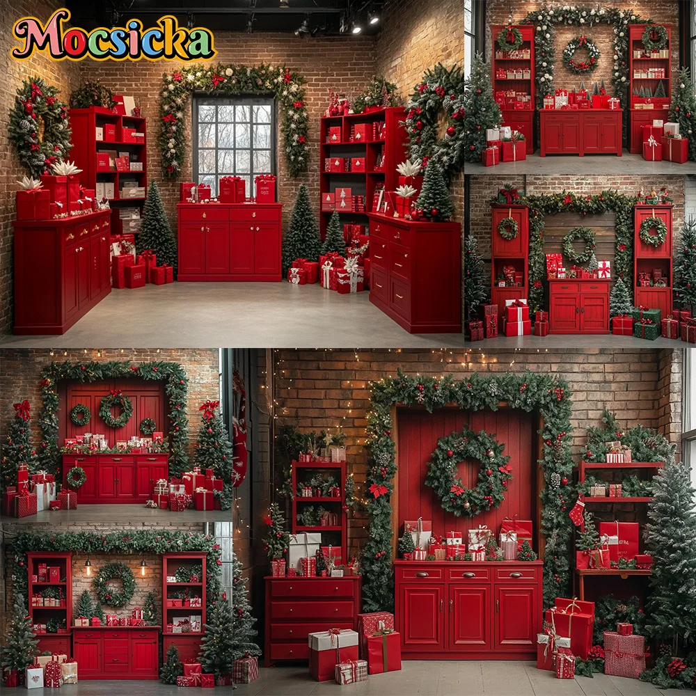 Mocsicka Photography Background Red Christmas Room Xmas Tree Wreath Decoration Backdrop Family Kids Holiday Party Prom Studio