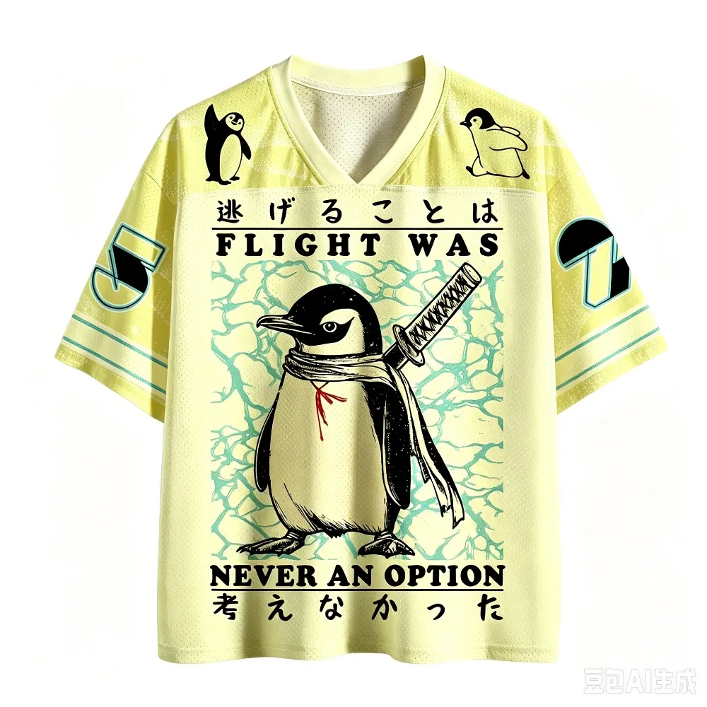 Japanischer Stil Lustiger Krieger-Pinguin 3D-Druck Schnelltrocknendes Sport-T-Shirt für Männer und Frauen mit V-Ausschnitt, Modische Streetwear für Eltern und Kinder – Detail 5