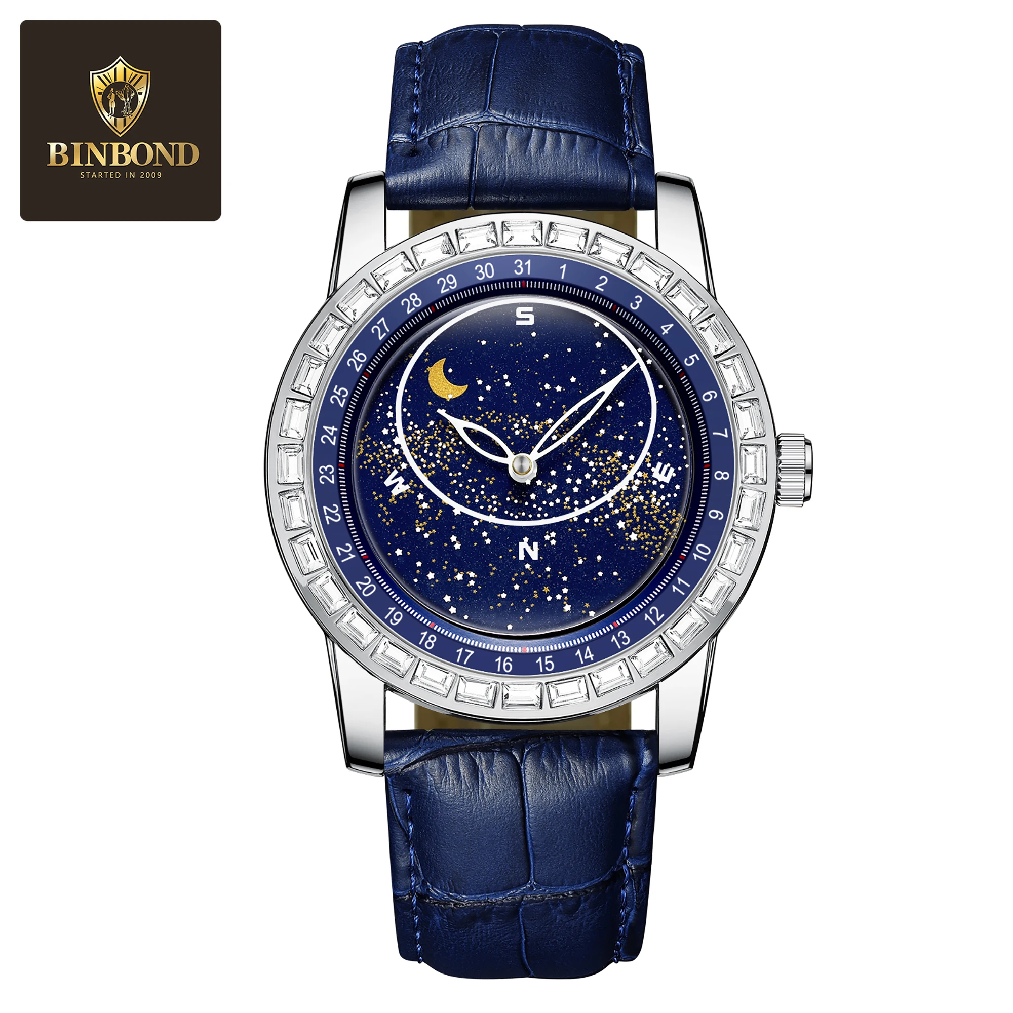 BINBOND Men's Starry Sky Disc Diamond Watch Fashion Business Leather Strap Luxury Star Moon Phase Men's Watch
