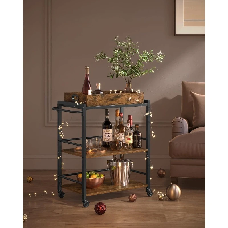 

Kitchen Serving Cart with Removable Tray, 3-Tier Kitchen Utility Cart on Wheels with Storage, with Brakes, Leveling Feet