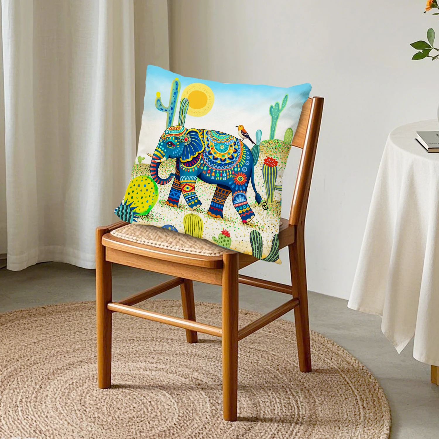 Elephant Mandala Decorative Linen Cushion Cover Cactus Desert Landscape Pillowcase Tribal Animal Boho Decor Sofa Couch Bedroom