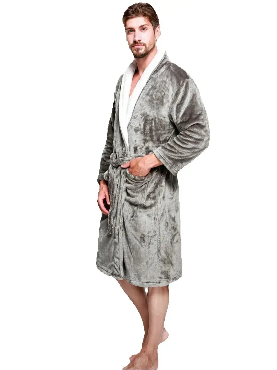 Men's Winter Thicken Warm Long Gray Flannel Fleece Bathrobe Nightgown Male Fashion Thermal Night Sleepwear Coral Velvet Pajamas