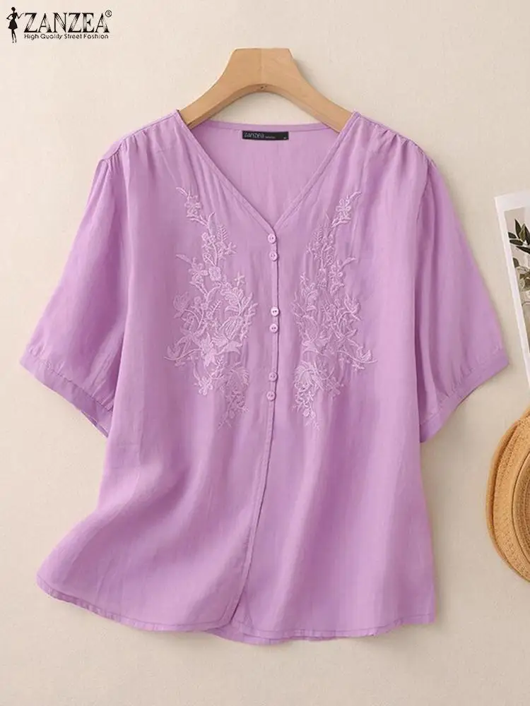 ZANZEA Vinatge Floral Embroidery Blouse Women Summer Tops Casual V Neck Short Sleeve Cotton Shirt Loose Party Work Blusas Mujer