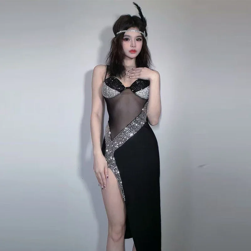 فستان سهرة بأحجار الراين السوداء للنساء للحفلات والاحتفال بشريط Ds Dj مرحلة مهرجان الزي حفلة موسيقية ملابس الرقص