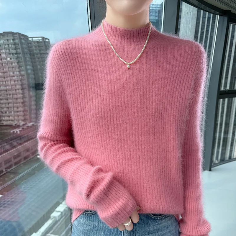 Sweater rajutan wanita 100% kasmir bulu mink, lengan panjang, slim fit, serbaguna, untuk musim gugur dan musim dingin, model baru dengan kerah O.