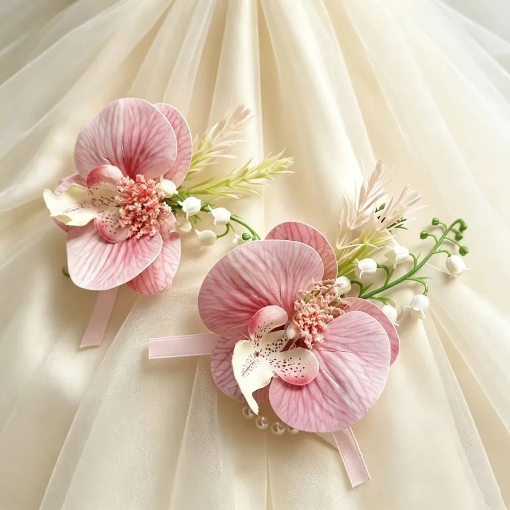 Lily of The Valley Wrist Corsage Phalaenopsis Orchid Artificial Flower Boutonniere Wristlet Floral Accessory Boutonnieres