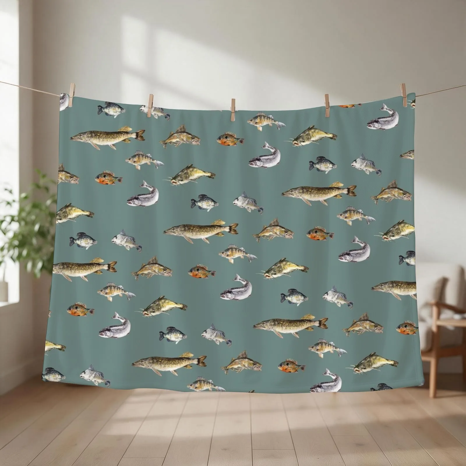 Freshwater Fish Watercolor Illustration Throw Blanket couch cozy soft plush fuzzy picnic outdoor blanket