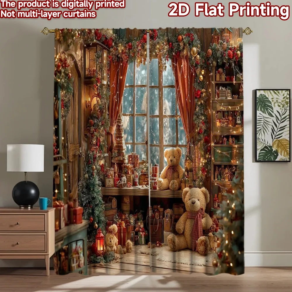 2D flat 2pcs Curtain French Romantic Style Christmas Teddy Digitally printed polyester, colorfast Festive Holiday Use for Indoor