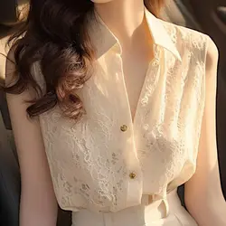 2024 Summer New French Fashion Design Sense Lace V-neck White Sleeveless Shirt Fashionable Elegant and Comfortable Women's Top