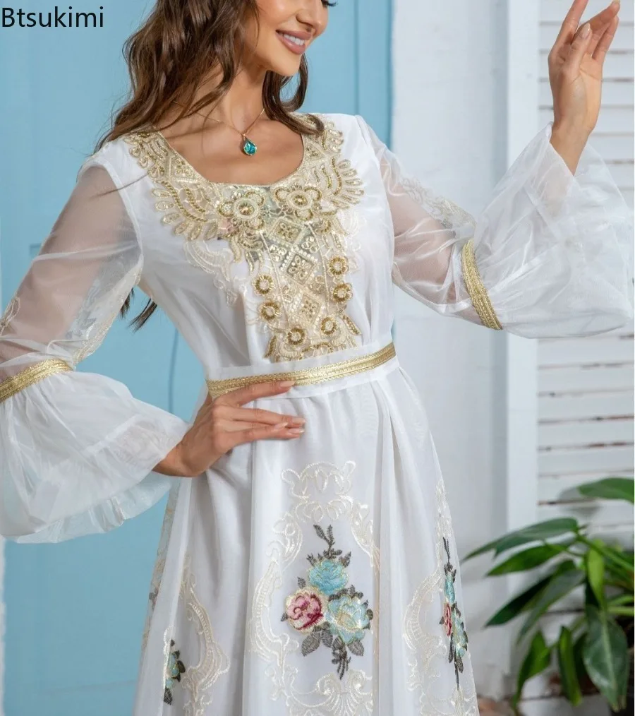 Neue 2025, Eid Muslimischen Party Kleid für Frauen Ramadan Abaya Stickerei Flare Hülse Langes Kleid mit Gürtel Vestidos Largos Dubai Robe