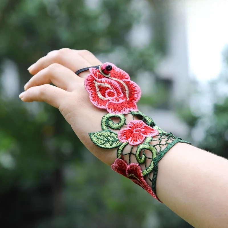 Guante étnico chino bordado con flores para mujer, ropa de mano Vintage para baile folclórico de encaje
